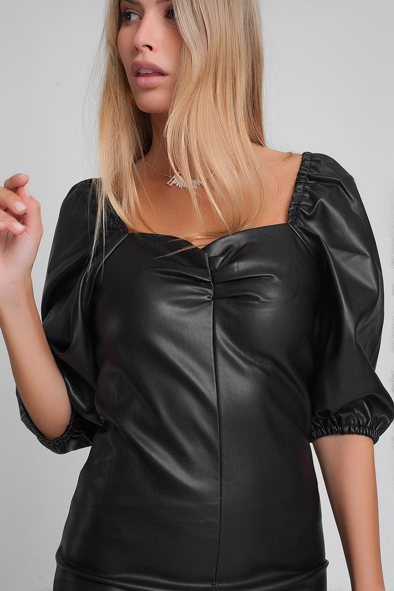 Faux Leather Mini Dress With Puff Sleeves in Black - Sorta Stuff