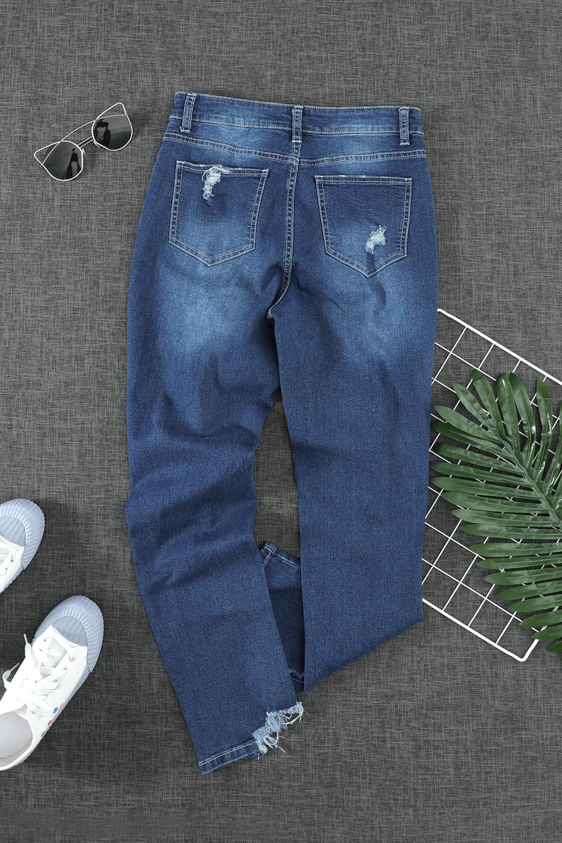 Blue Medium Wash High Rise Distressed Skinny Jeans