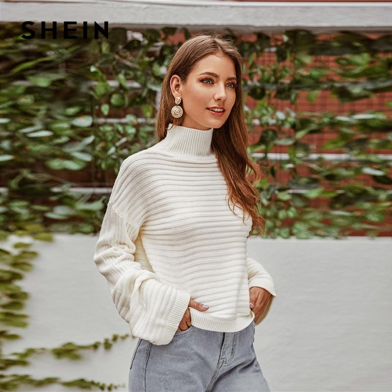 SHEIN White Solid High Neck Drop Shoulder Winter Sweater Women Tops 2019 Autumn Highstreet Long Sleeve Basic Casual Sweaters - Sorta Stuff