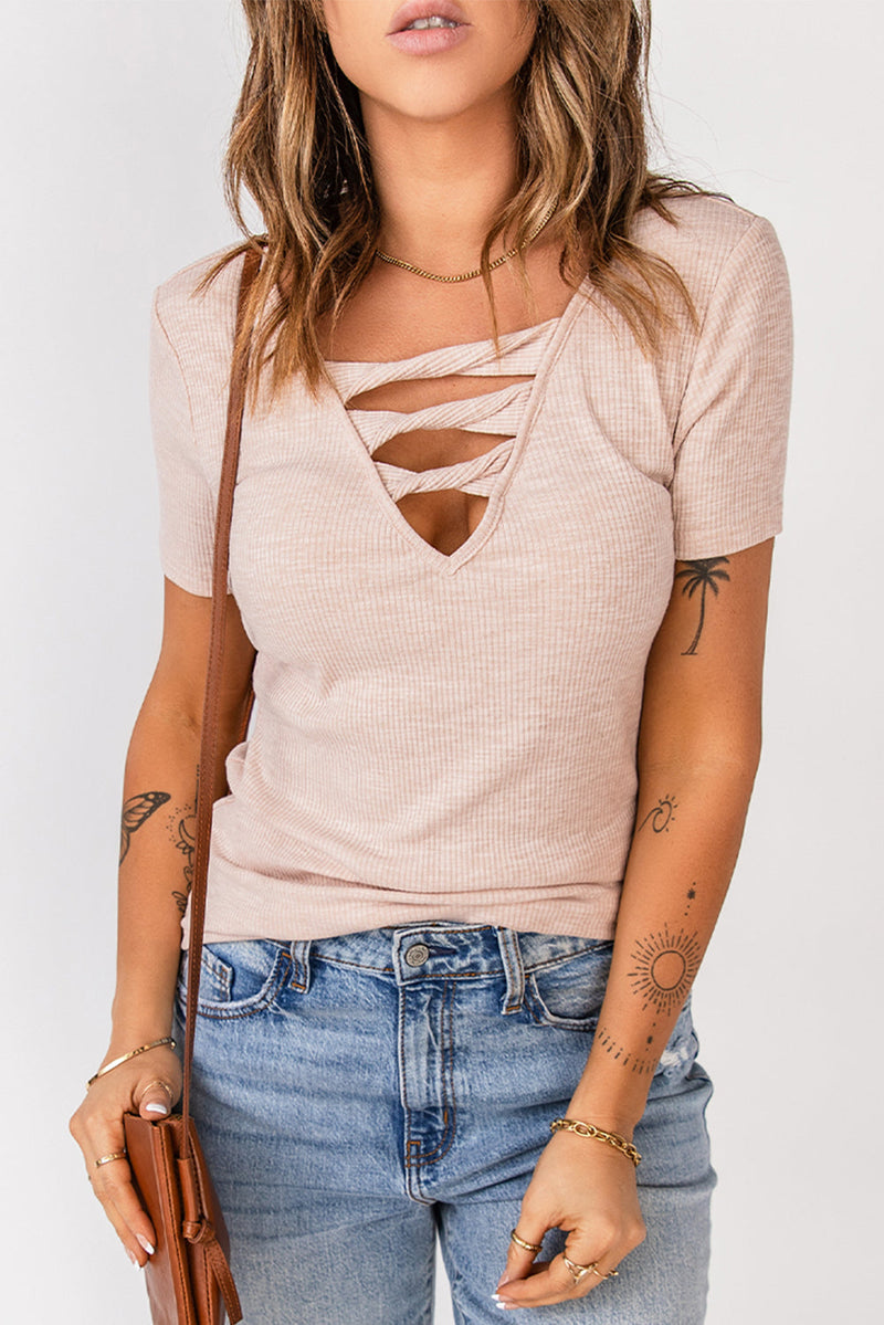 Strappy Hollow-Out Neck Rib Knit T Shirt