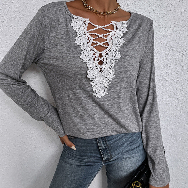 Solid Color Long Sleeve Lace Openwork T-Shirt