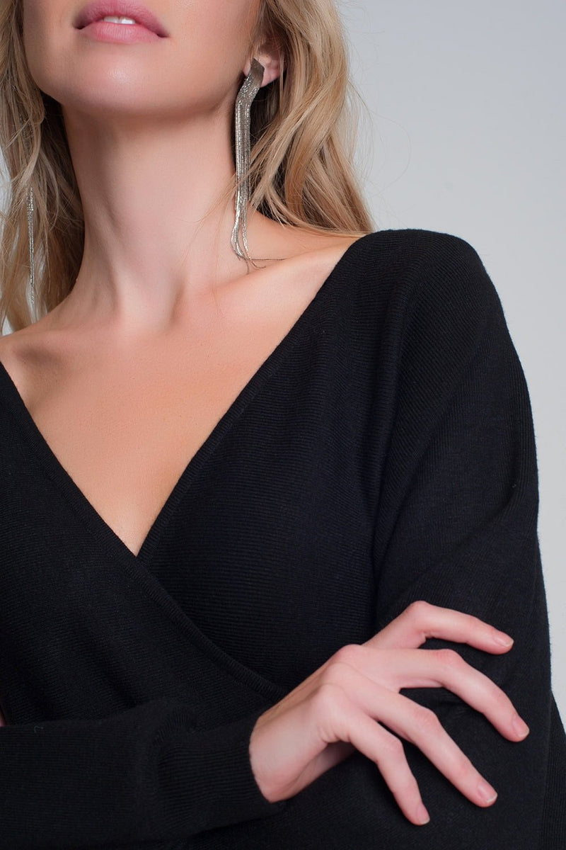 V Neck Knitted Black Dress With Volume Sleeve - Sorta Stuff
