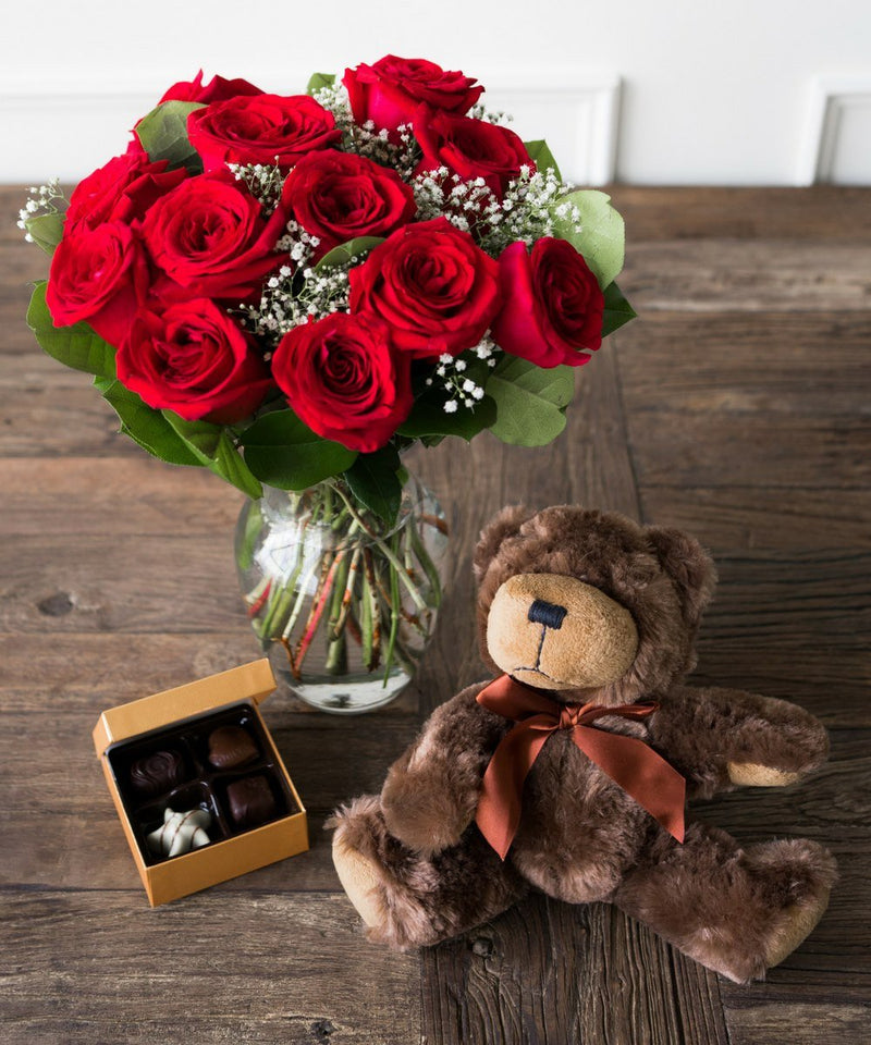 One Dozen Red Roses with Godiva Chocolate and Stuffed Teddy Bear - Sorta Stuff