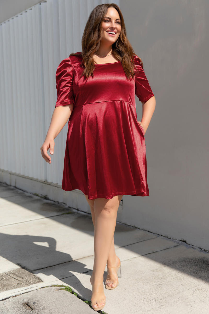 Plus Size Ruched Puff Sleeves Fit Flare Midi Dress