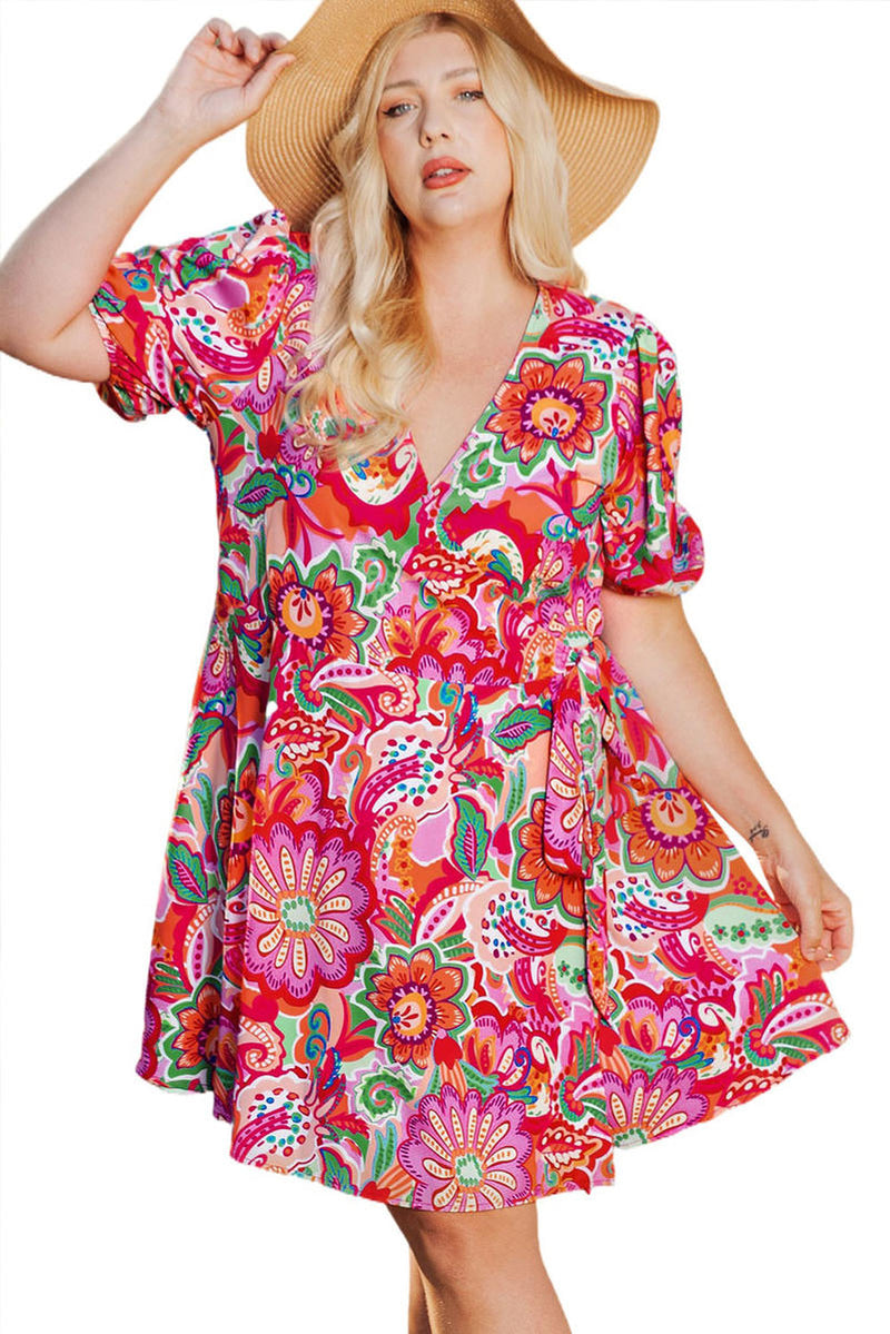 Boho Paisley Floral Print Wrap V Neck Puff Sleeve Plus Size Dress