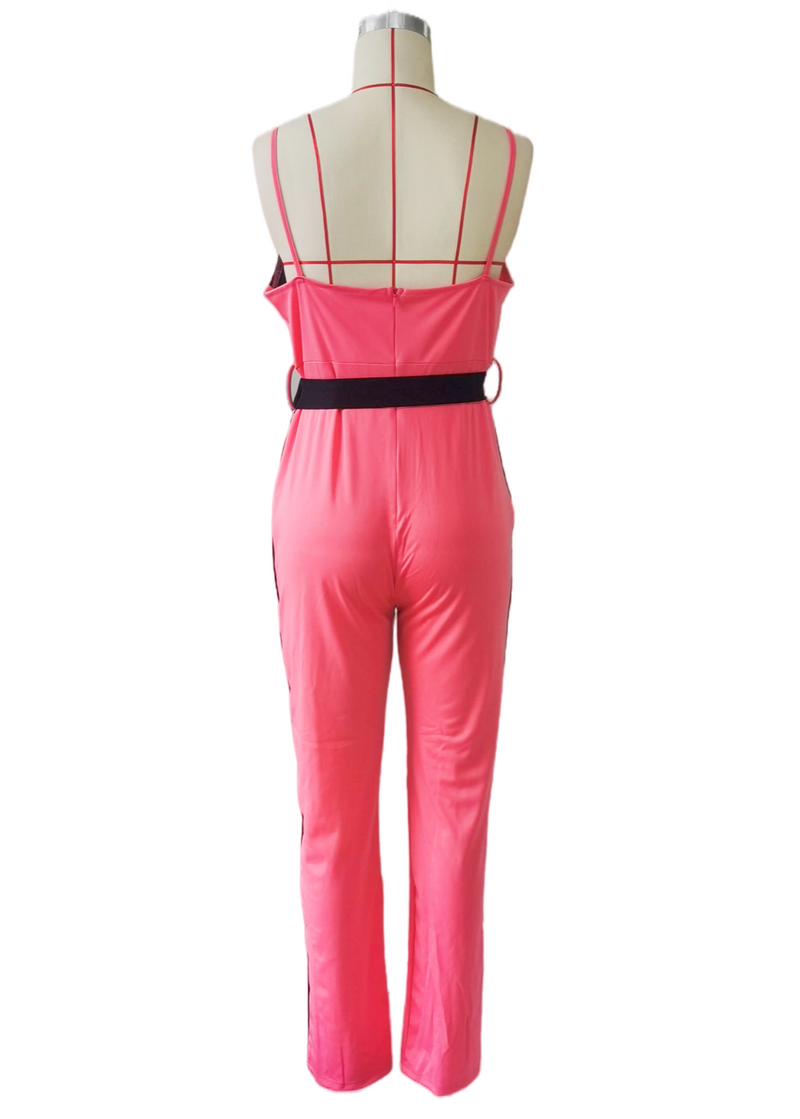 Color Block Spaghetti Strap Belted Jumpsuit