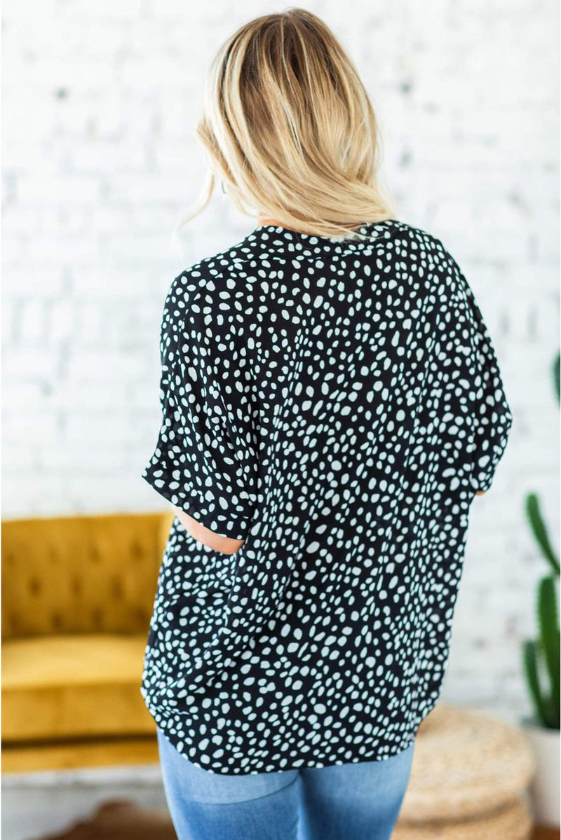 Spots Print Split V Neck Half Sleeve Blouse for Women