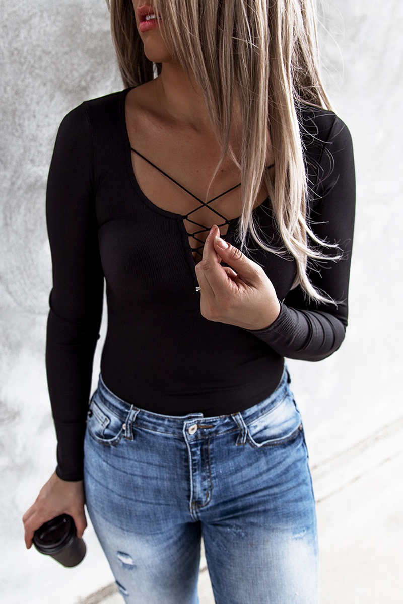 Black Ribbed Lace Up Slim Fit Knit Long Sleeve Top