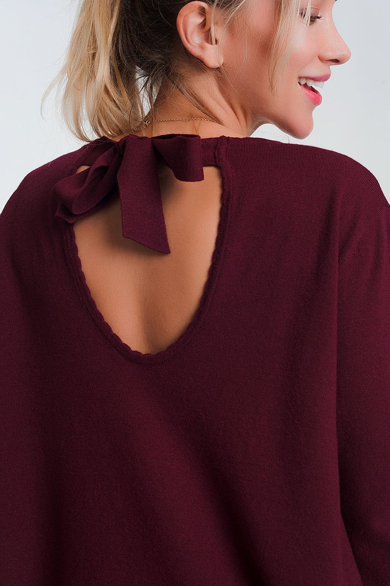 Open Tie Back Jumper With Long Sleeves and v Neck in Maroon - Sorta Stuff