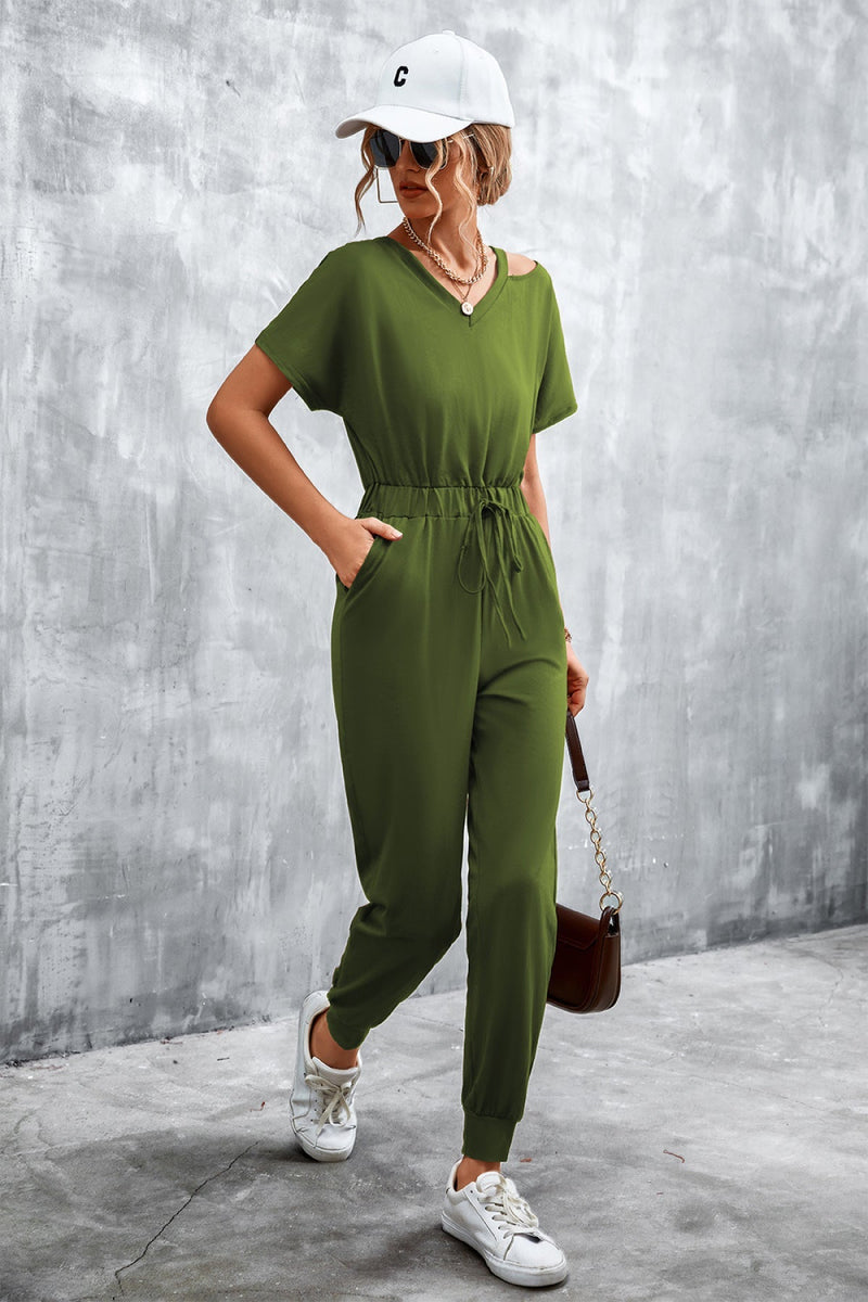 Sexy V-Neck Cut Out Drawstring Jumpsuit