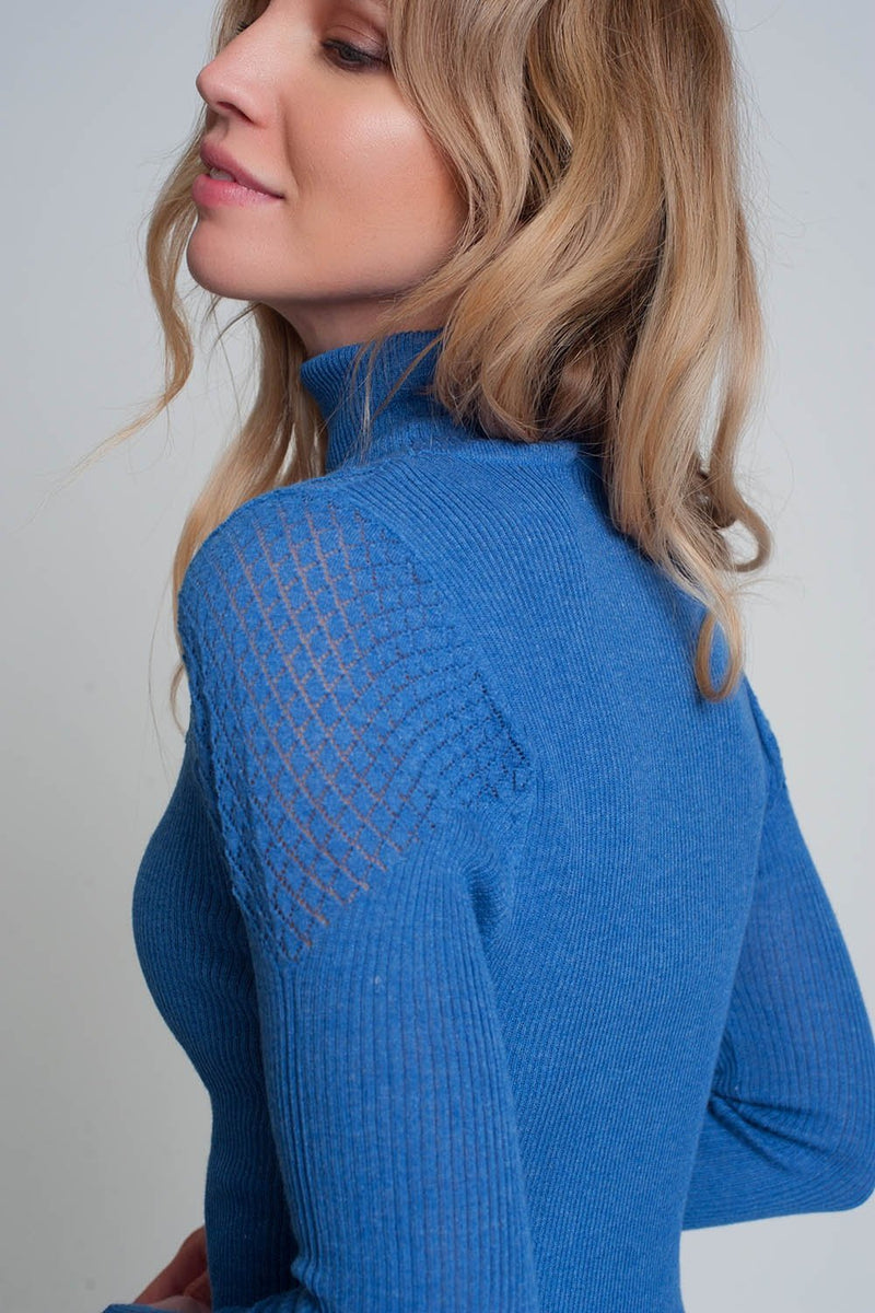 Soft Ribbed Sweater With Turtleneck in Blue - Sorta Stuff