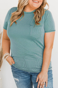 Green Ribbed Knit Pocketed Plus Size T Shirt