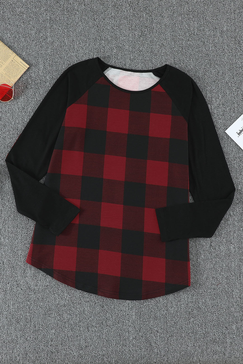 Red Plaid Long Sleeve Top With Elbow Patch