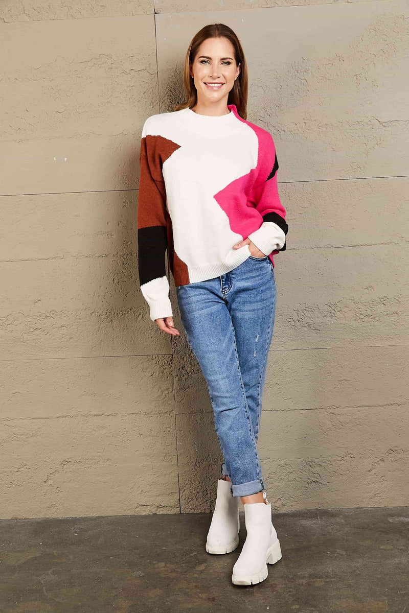 Woven Right Color Block Mock Neck Ribbed Trim Sweater