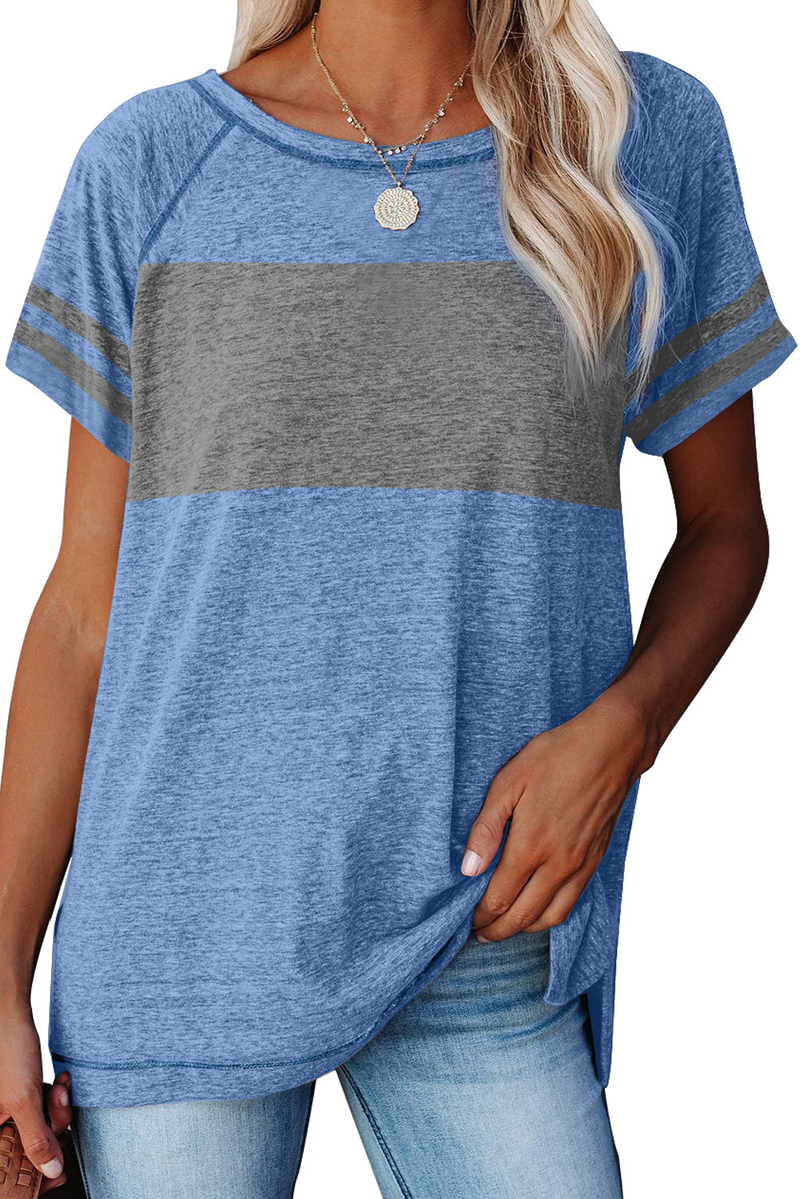 Blue Stripe Sleeve Colorblock T-Shirt