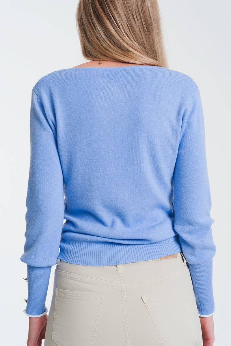 Crew Neck Sweater With Button Detail in Blue - Sorta Stuff
