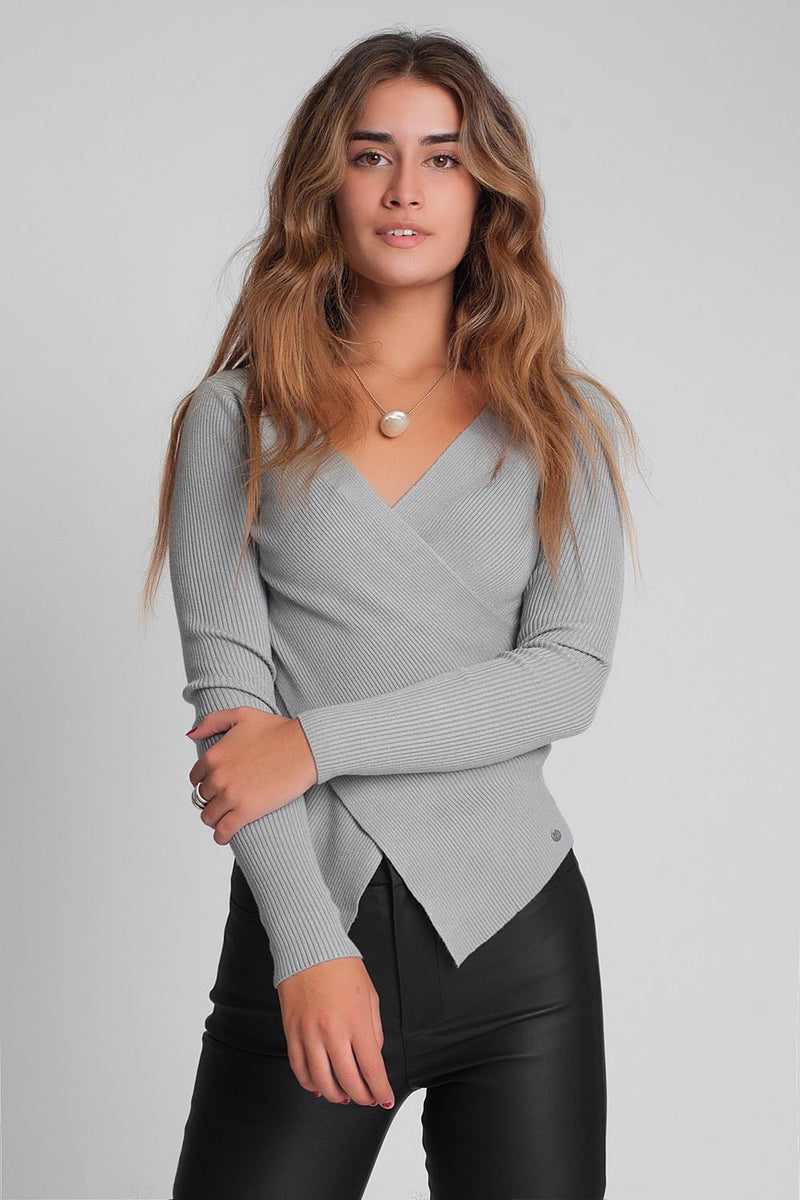 Light Gray Ribbed Wrap Sweater With V-Neck