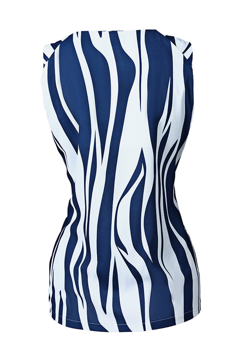 Blue Abstract Striped V Neck Knotted Straps Tank Top