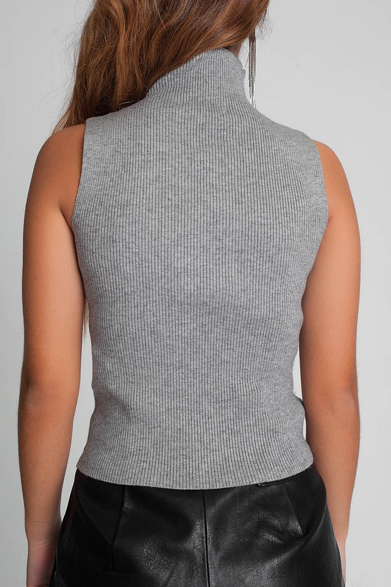Ribbed Knit Sleeveless Sweater With High Neck in Gray Color