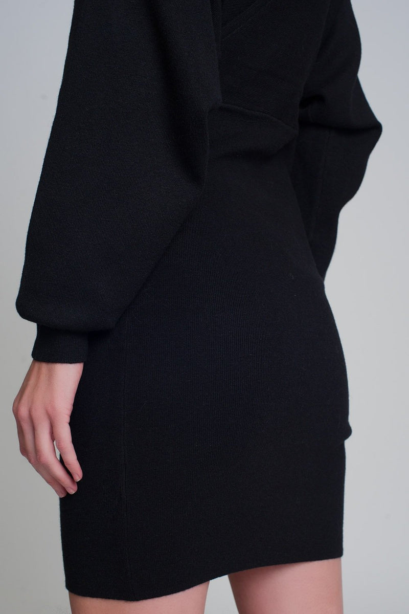V Neck Knitted Black Dress With Volume Sleeve - Sorta Stuff