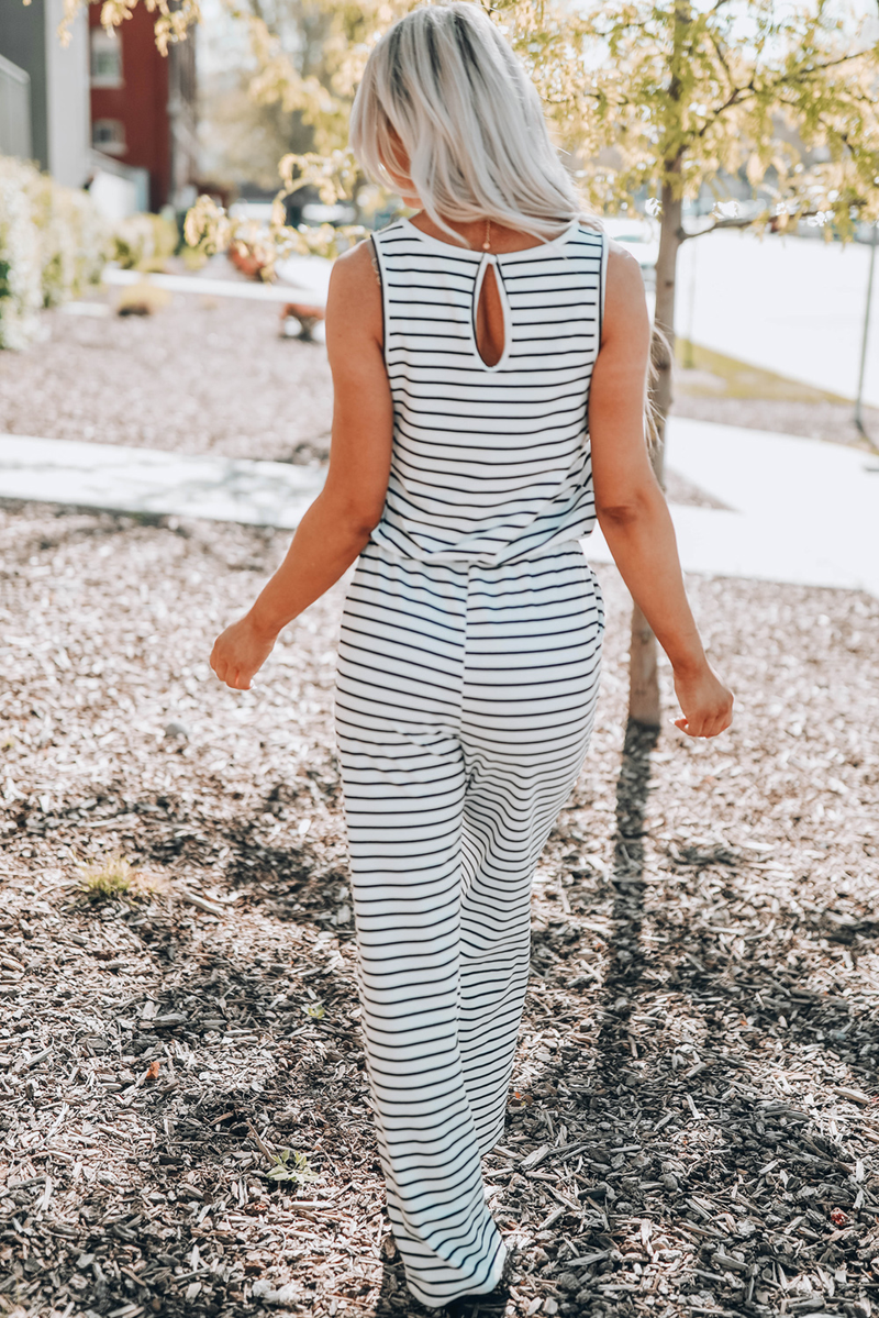 White Striped Print Pocketed Sleeveless Jumpsuit