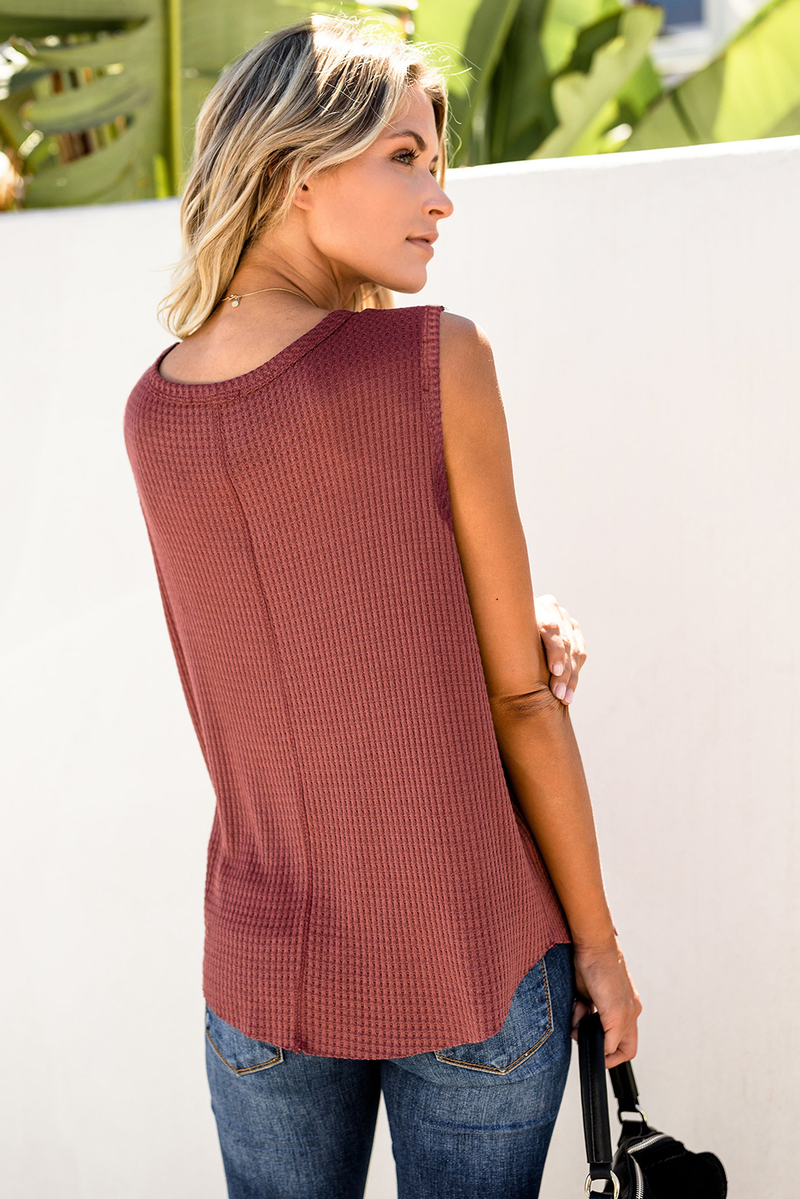Rust Red Crew Neck Waffle Tank Top
