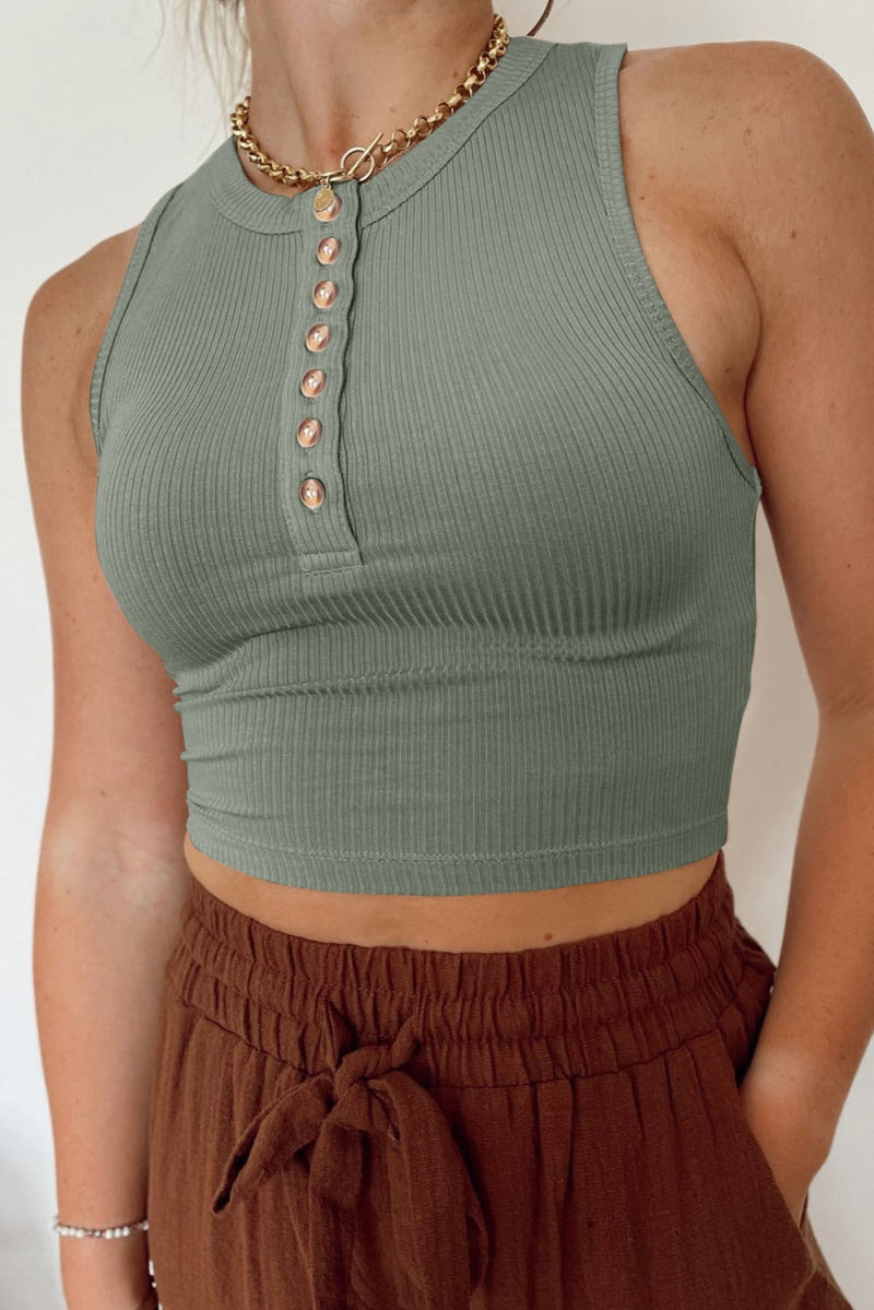 Solid Color Buttons Ribbed Cropped Tank Top