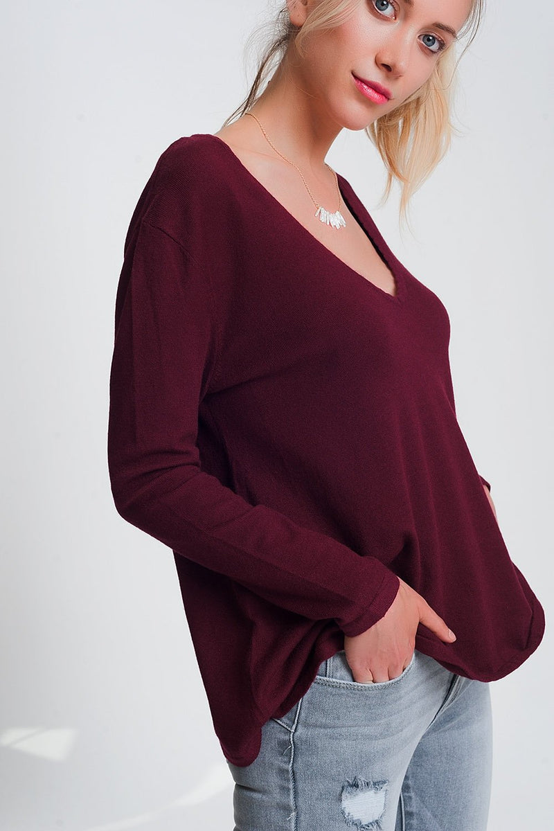 Open Tie Back Jumper With Long Sleeves and v Neck in Maroon - Sorta Stuff