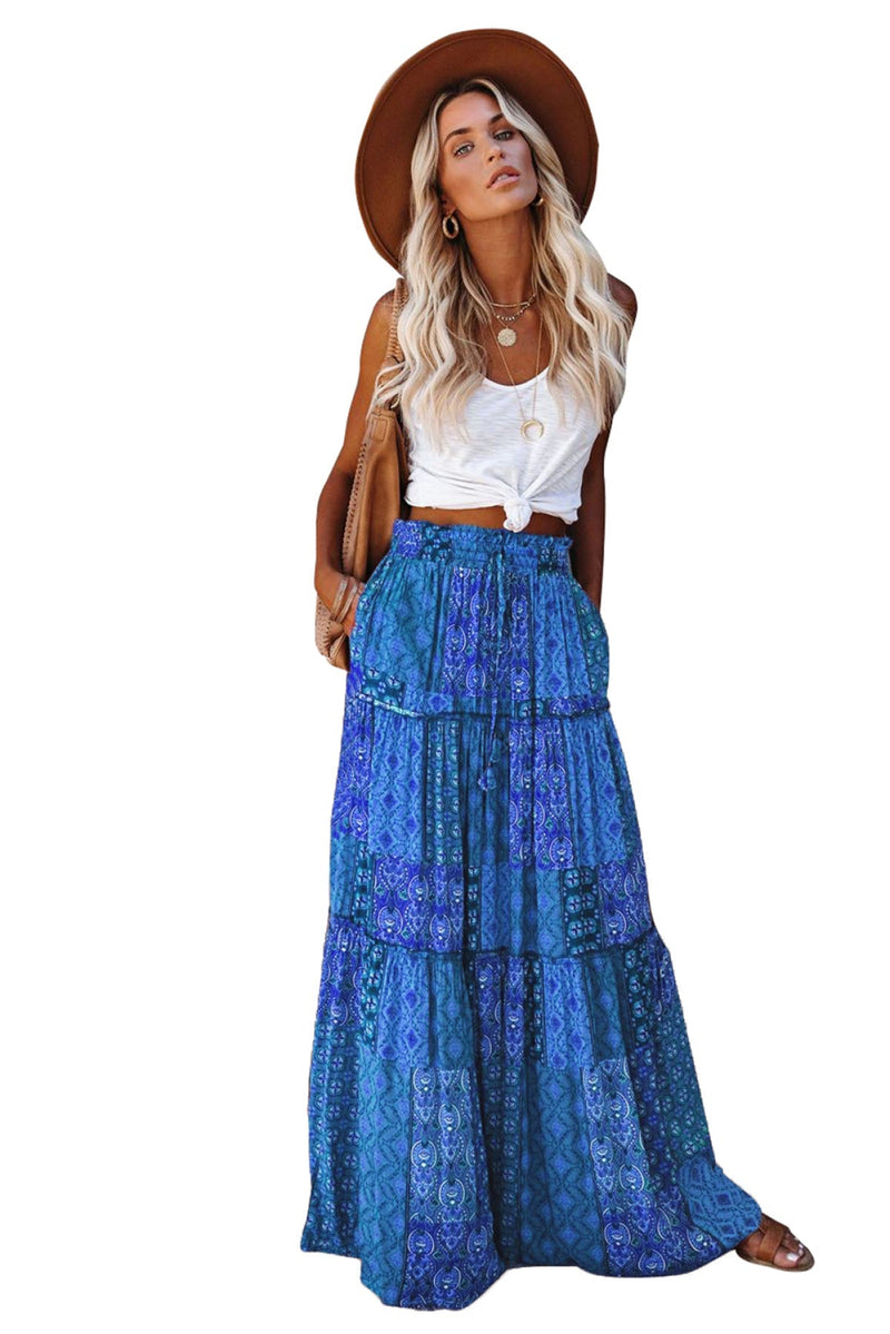 Tiered Paisley Print Pocketed Maxi Skirt