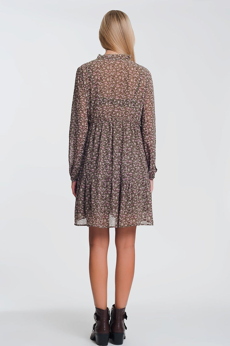 Smock Mini Dress With Ruffle Neck in Brown Ditsy Floral - Sorta Stuff