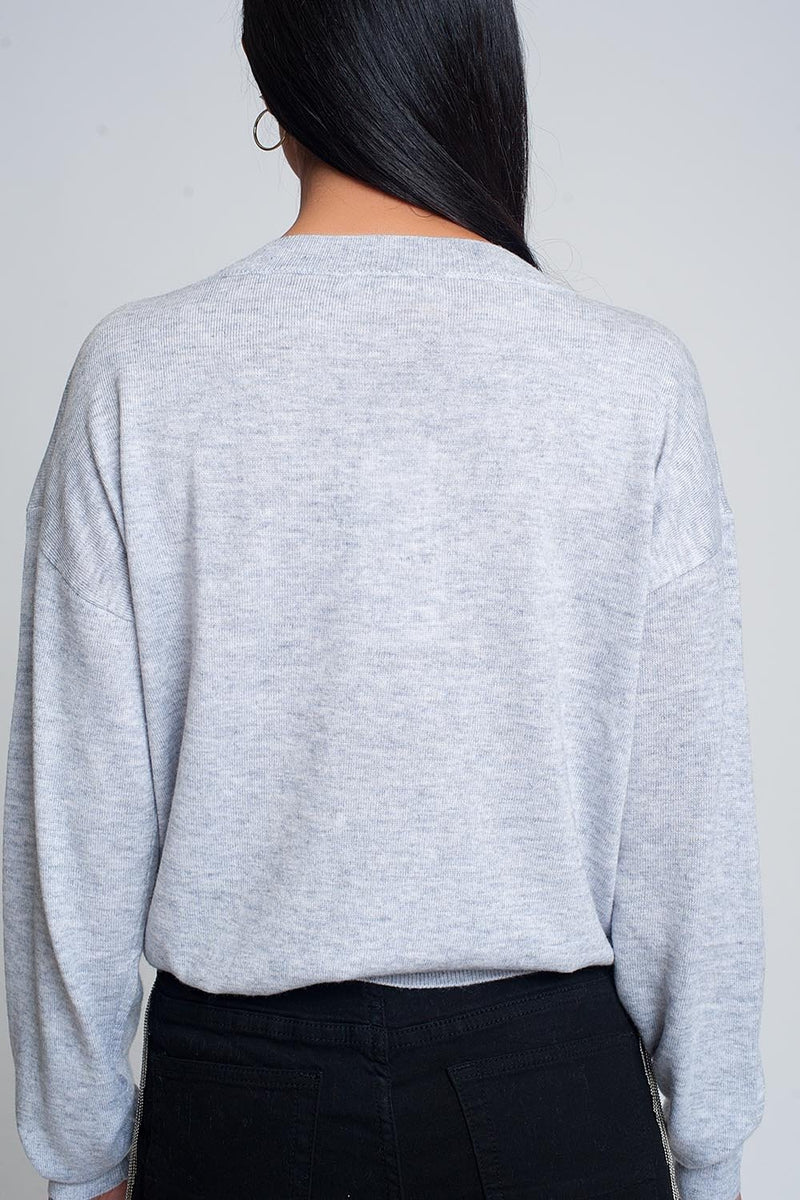 Fine Knit Gray Sweater With v Neck