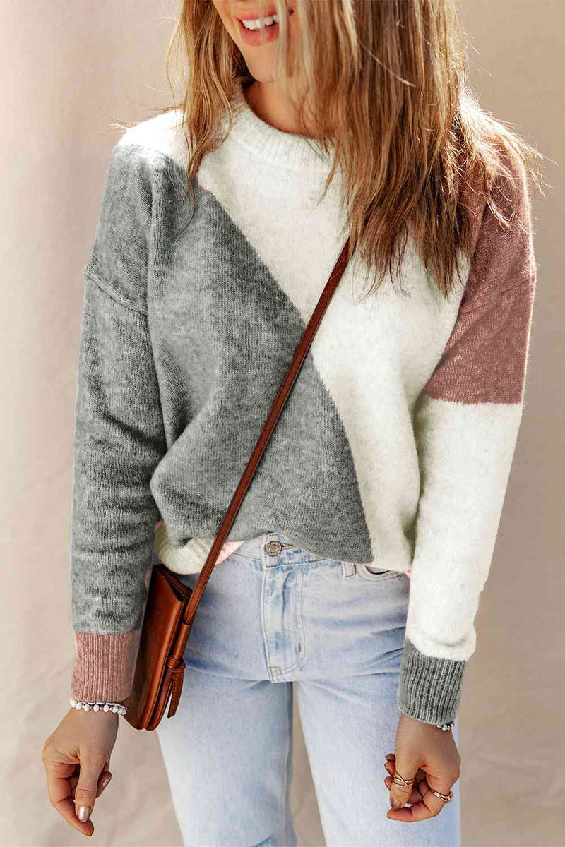 Color Block Round Neck Dropped Shoulder Pullover Sweater