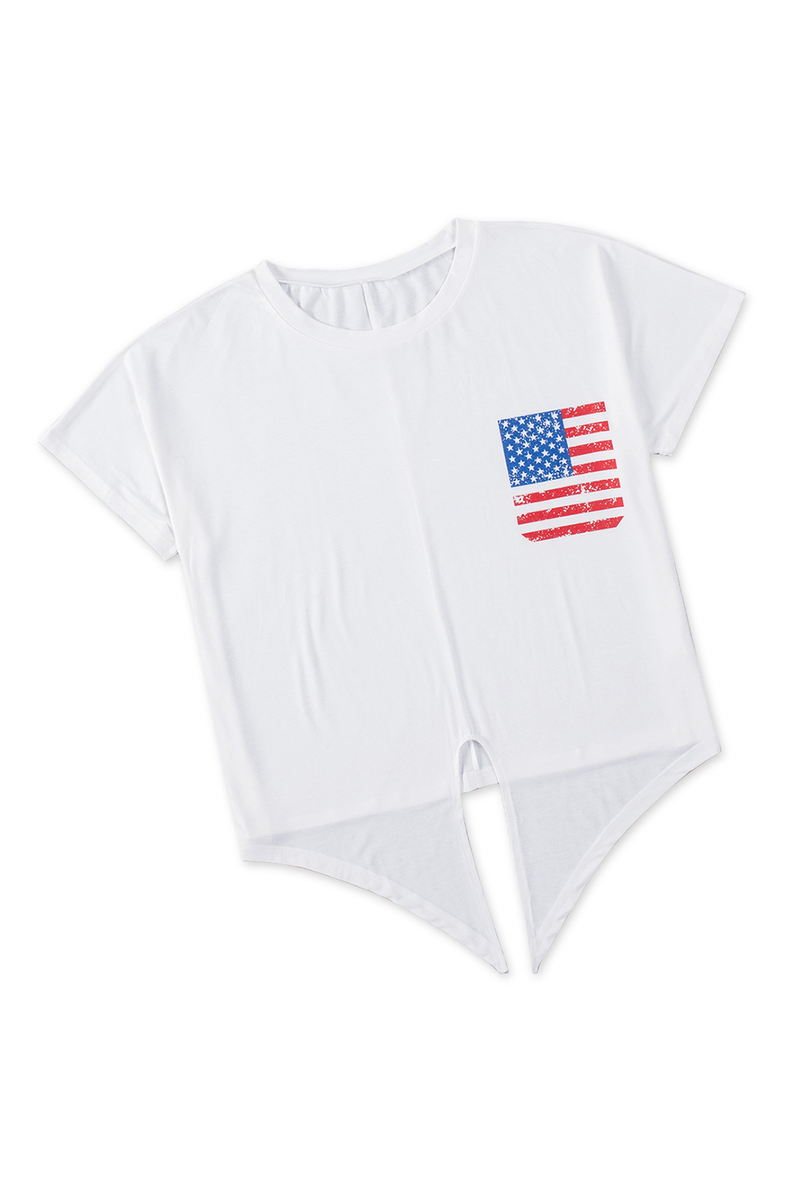 White Patriotic Flag Print Short Sleeve Top With Tie Hem