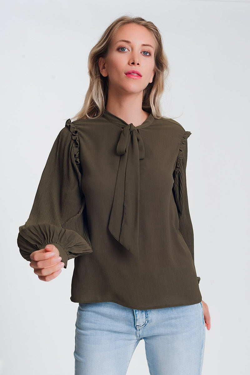 Top With Volume Sleeve and Tie Front Detail in Khaki - Sorta Stuff