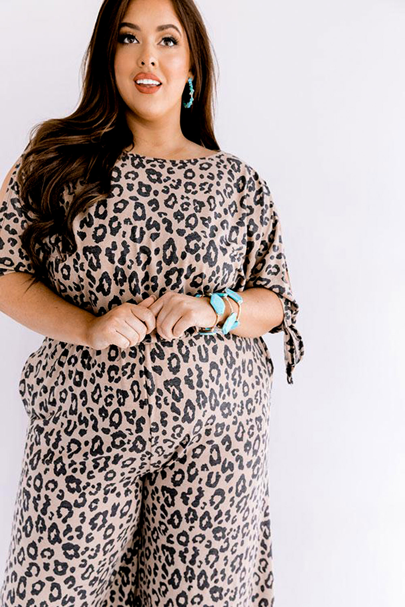 Leopard Print Cut-Out Half Sleeve Plus Size Jumpsuit