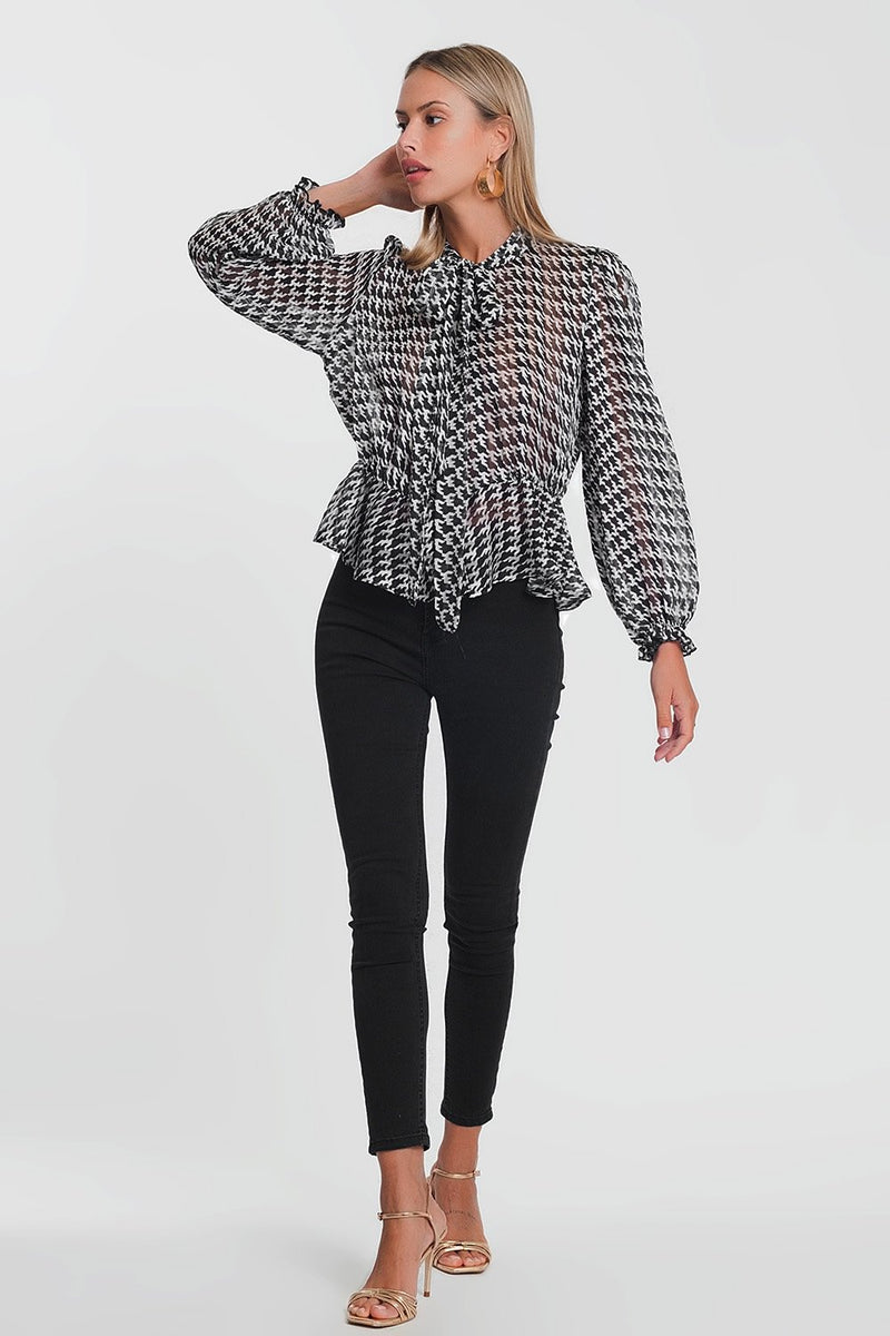 Lightweight Tie Front Blouse With Houndstooth Print in Black - Sorta Stuff