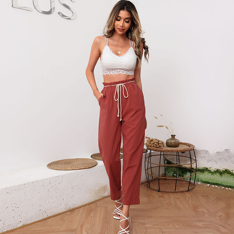 Women's Red Casual Cropped Straight Pants