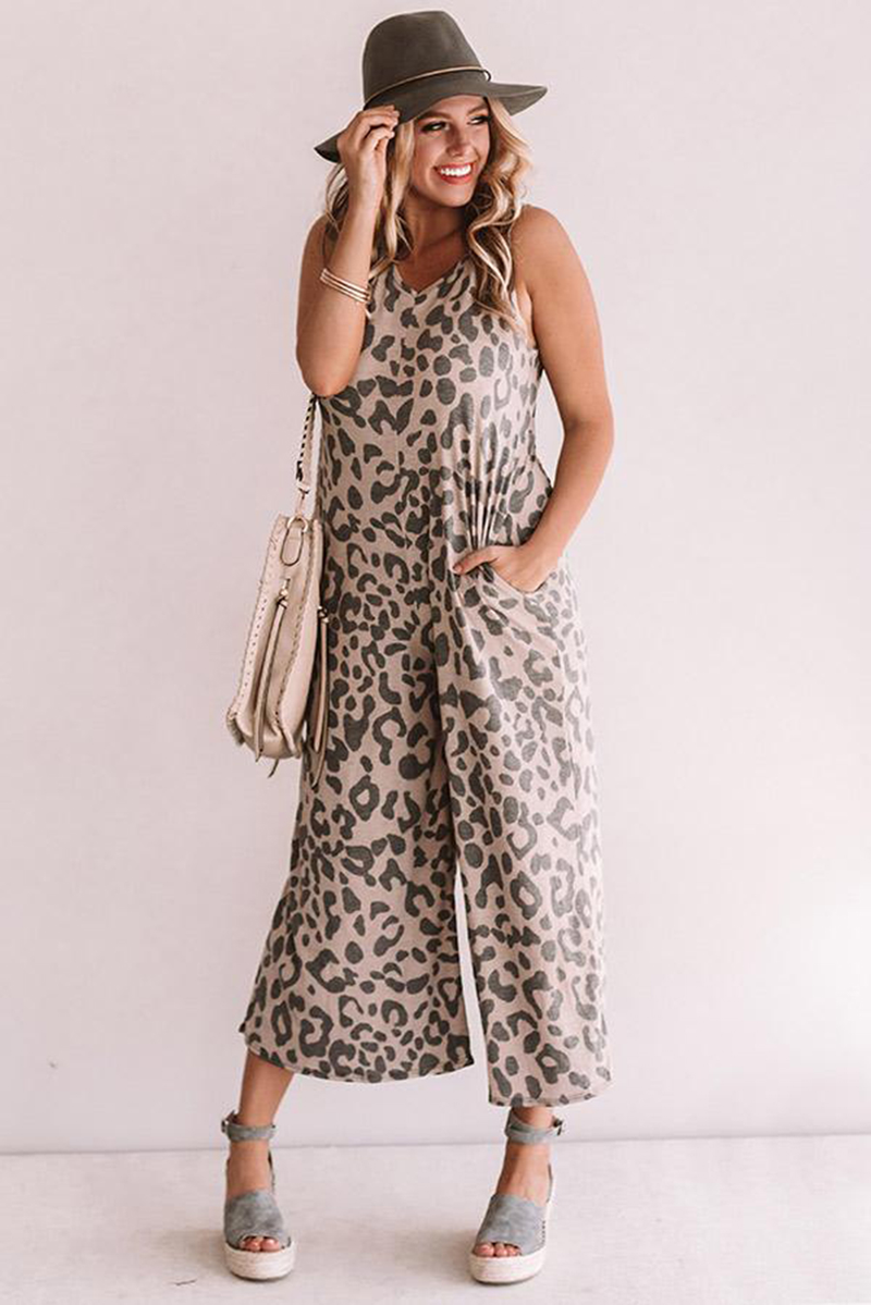 Leopard Print Pockets Wide Leg Sleeveless Jumpsuit