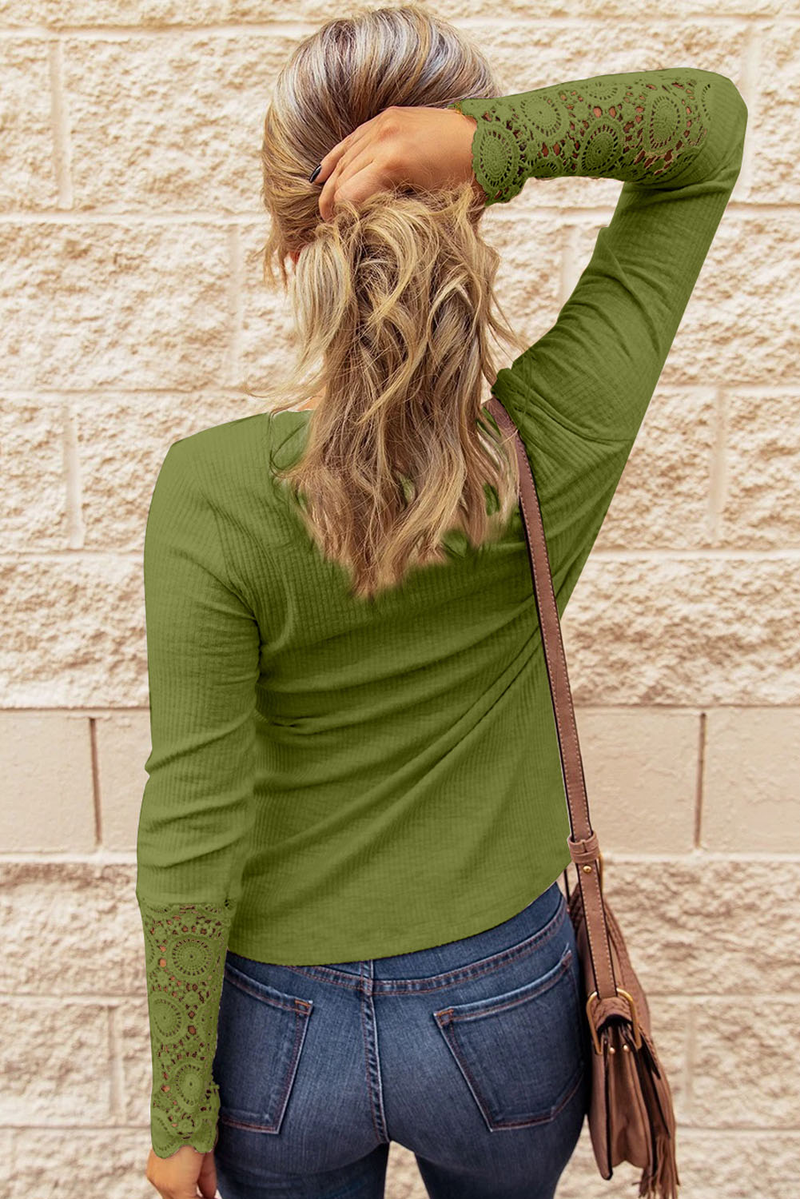 Green Crochet Lace Hem Sleeve Button Top