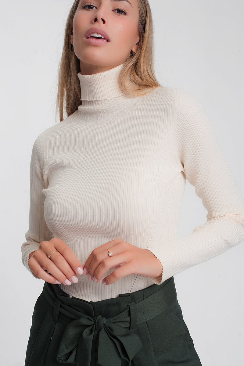 Soft Ribbed Sweater With Turtleneck in Beige - Sorta Stuff