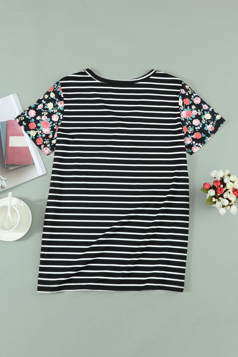Floral Sleeves Striped T-Shirt