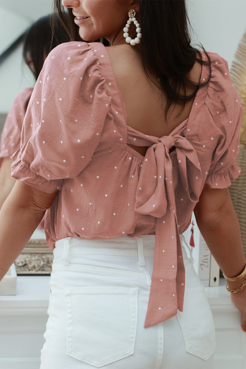 Pink Square Neck Dotted Print Puff Sleeve Blouse With Tie Back