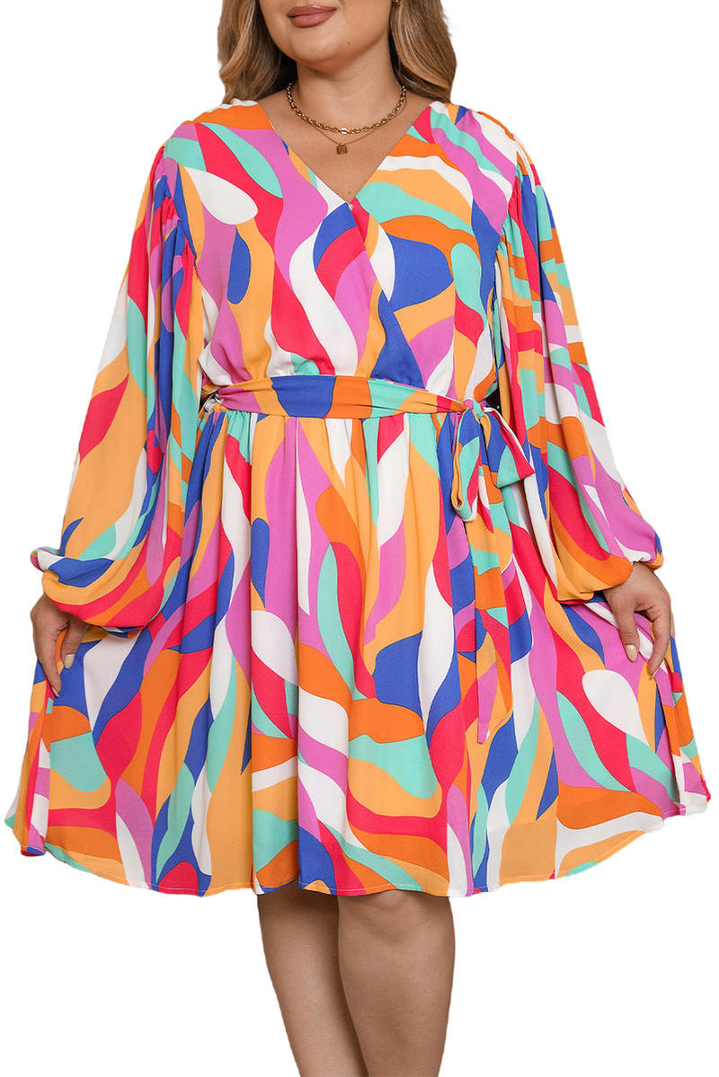 Plus Size Abstract Print Oversized Sleeve Belted Dress