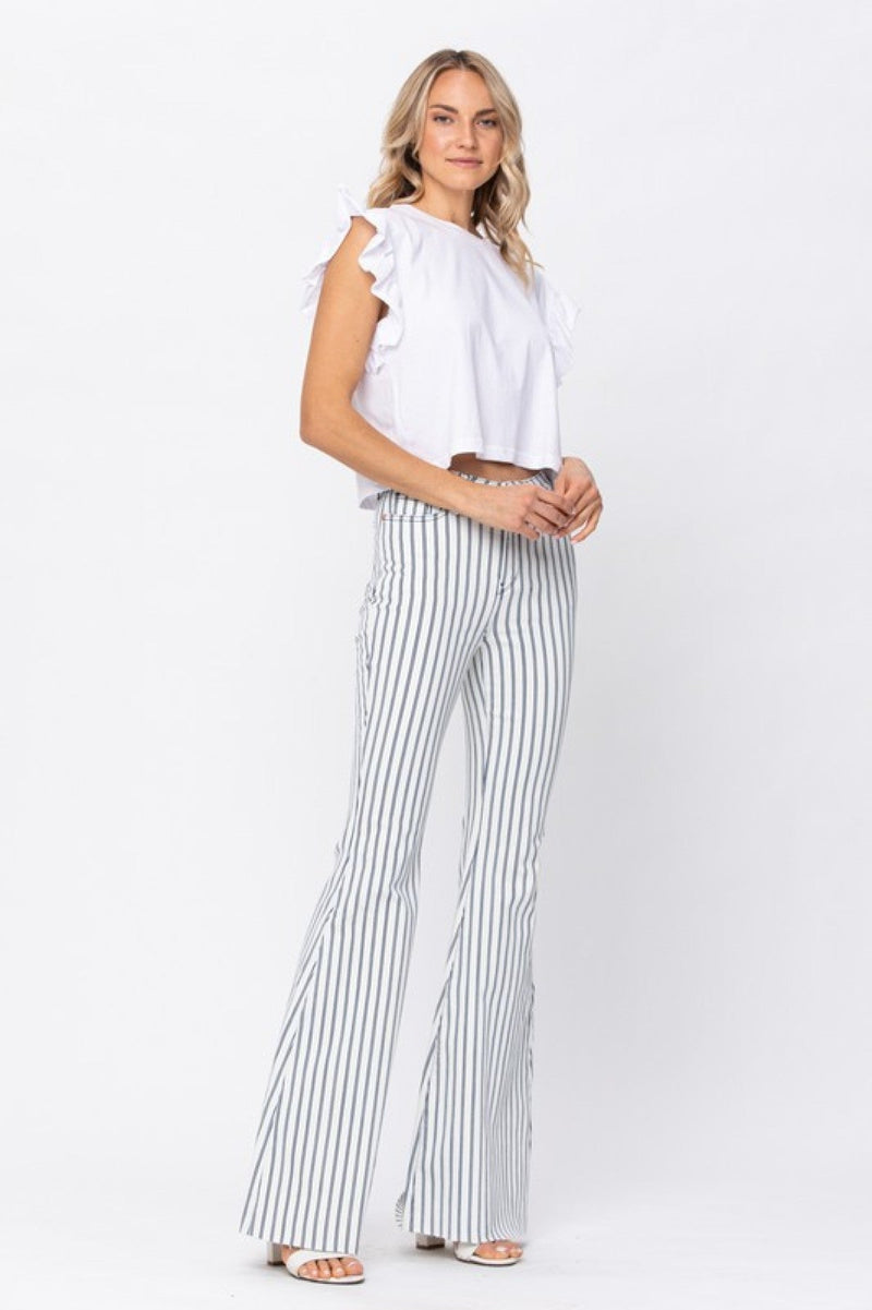 Judy Blue High Waist Super Flare White Pin Stripe Jeans