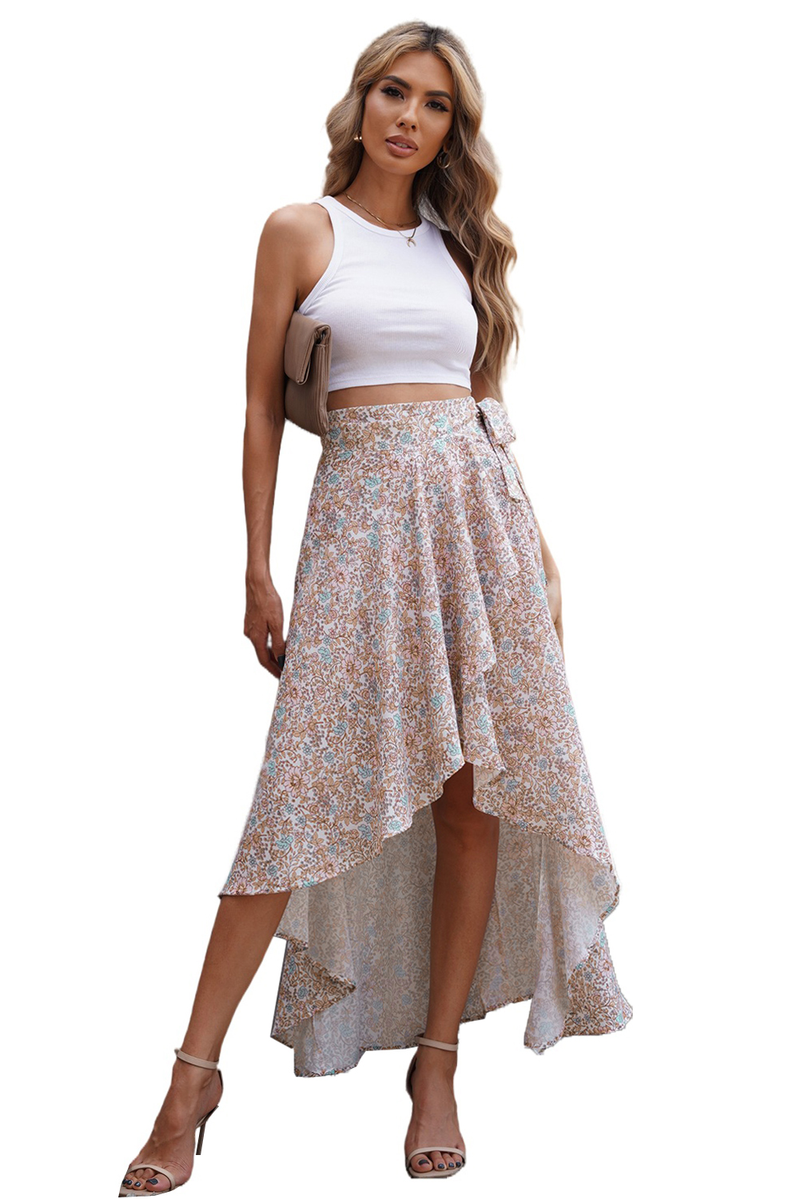 Wrap Style High-Low Ruffle Hemline Floral Skirt