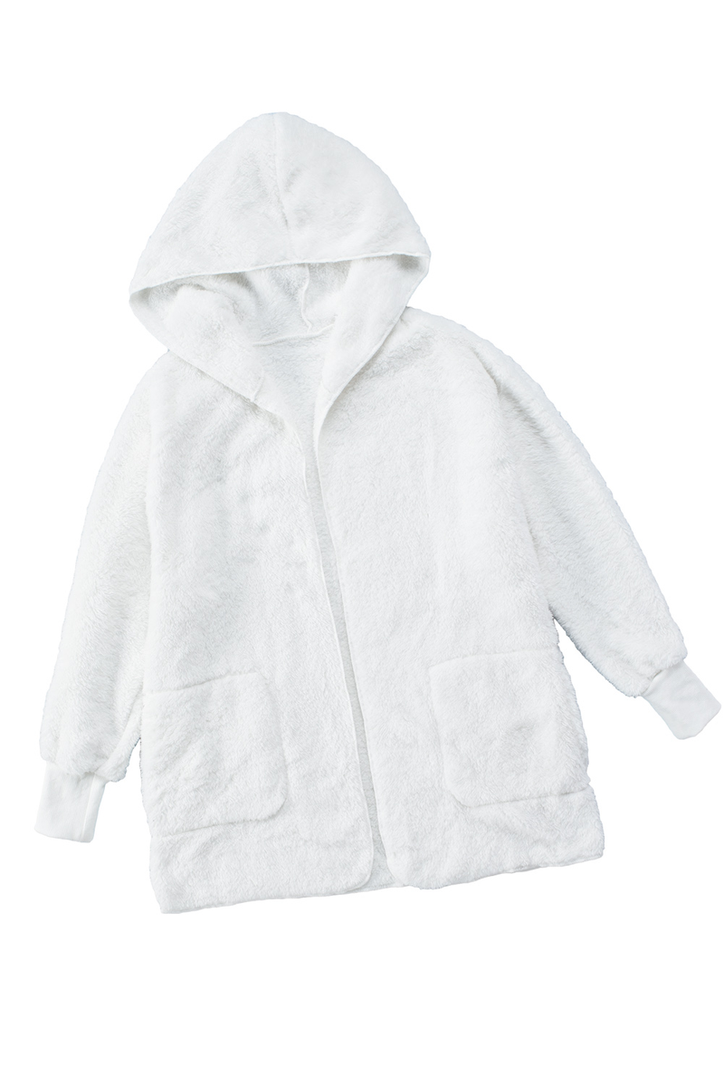Off White Soft Fleece Hooded Open Front Jacket