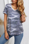 Camouflage Print V Neck Tee With Pocket