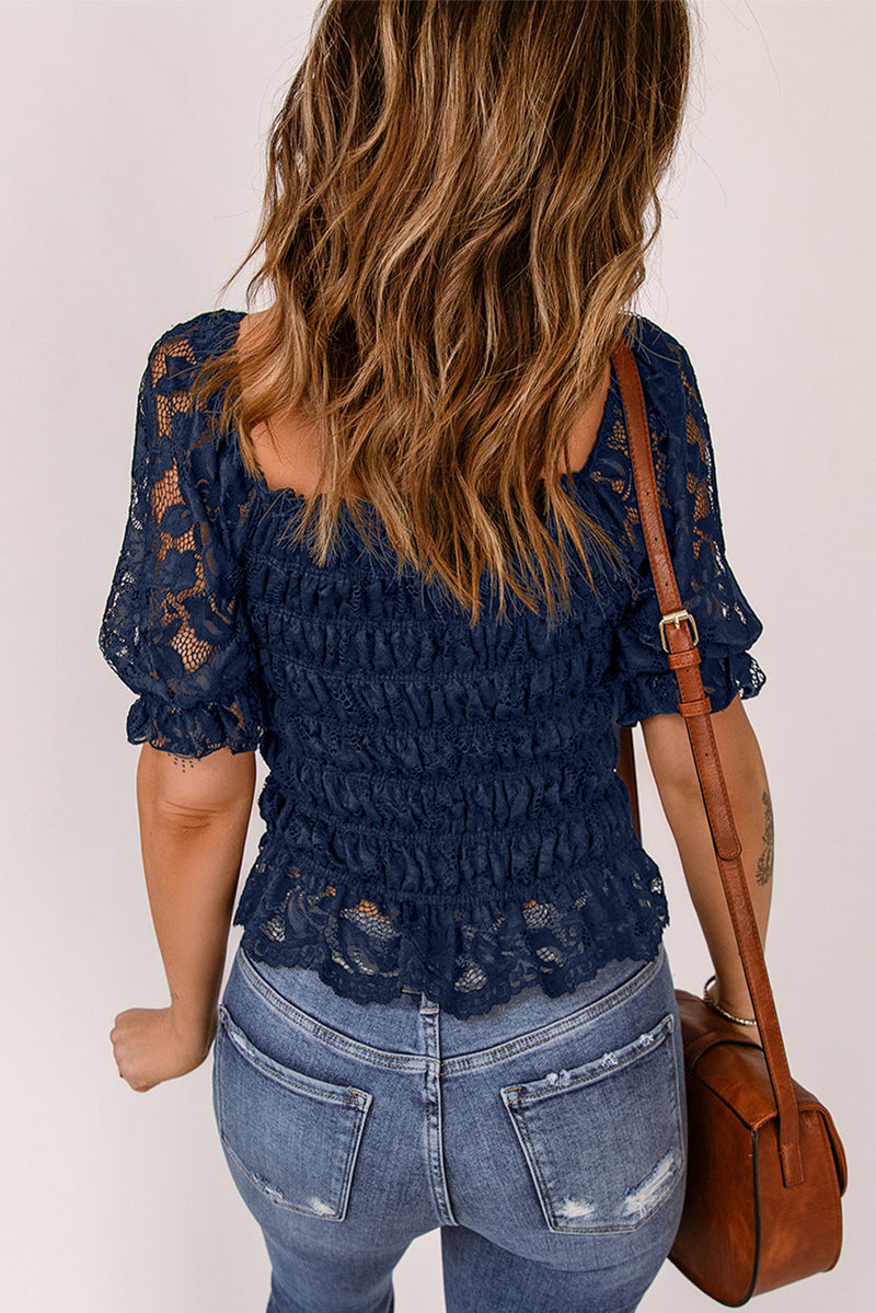 Floral Lace Crochet Ruffled Shirred Square Neck Top
