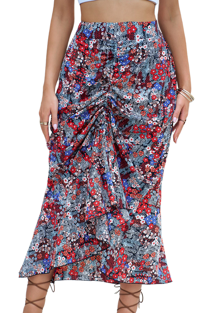 Bohemian Floral Drawstring Ruched Long Skirt