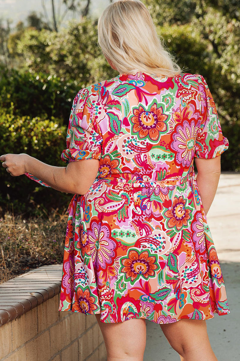 Boho Paisley Floral Print Wrap V Neck Puff Sleeve Plus Size Dress